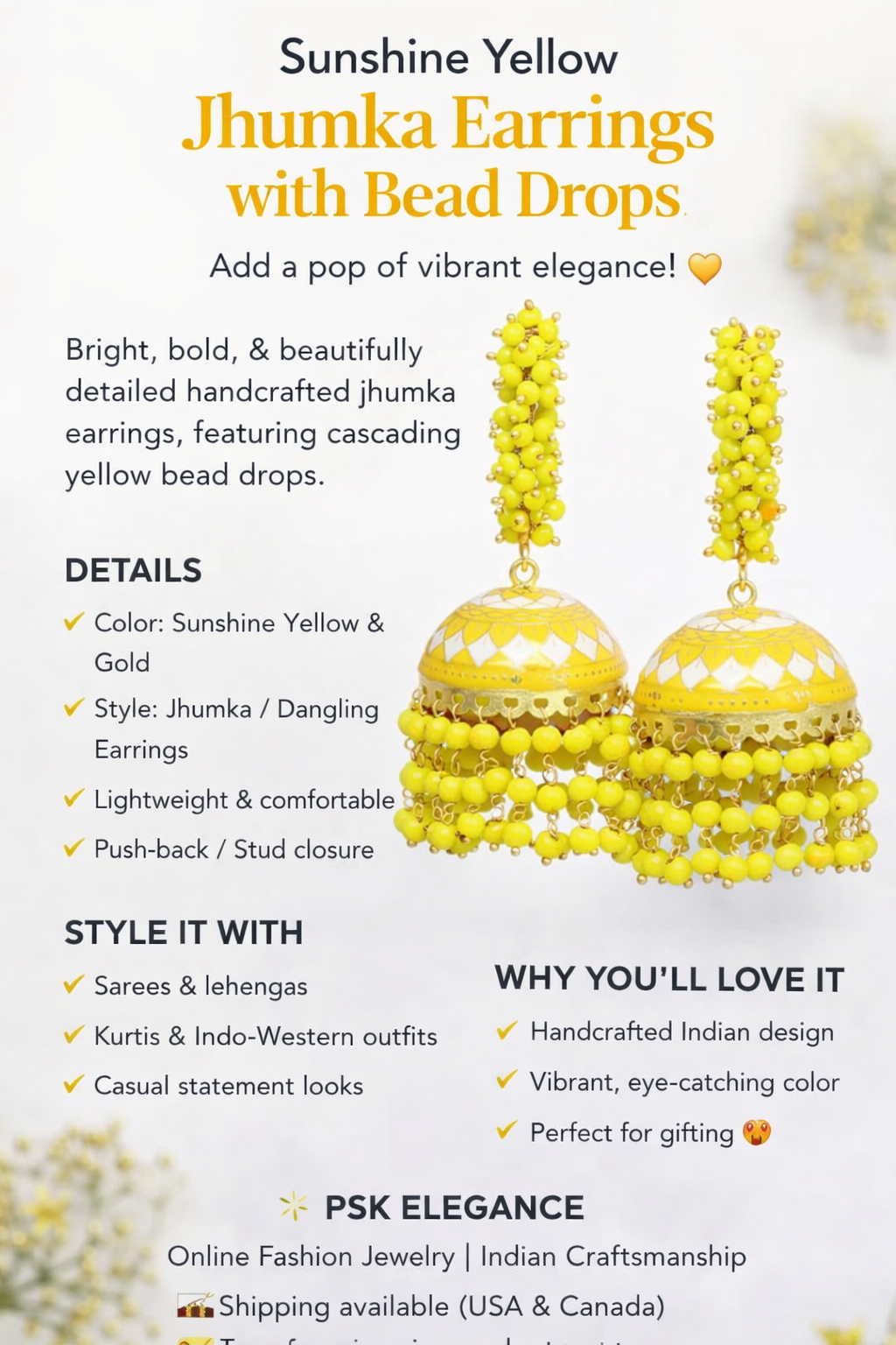 Sunshine Yellow Jhumka Earrings with Bead Drops