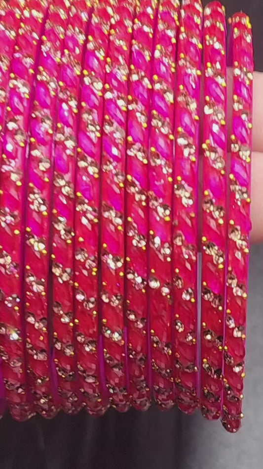 Hot Pink Glass Bangles Set | Sparkling Indian Festive Bracelet Stack