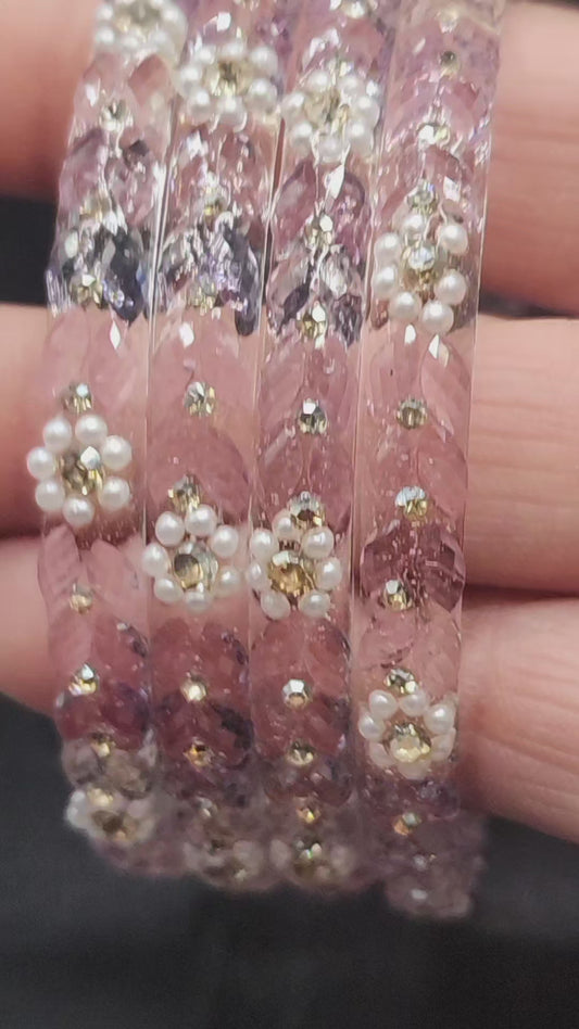 Blush Pink Crystal Pearl glass Bangles | Indian Festive Bracelet Set