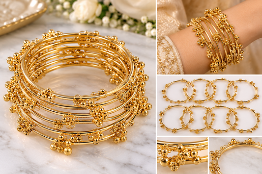 Elegant Gold-Tone Decorative Bangles – Set of 8, Size 2.8