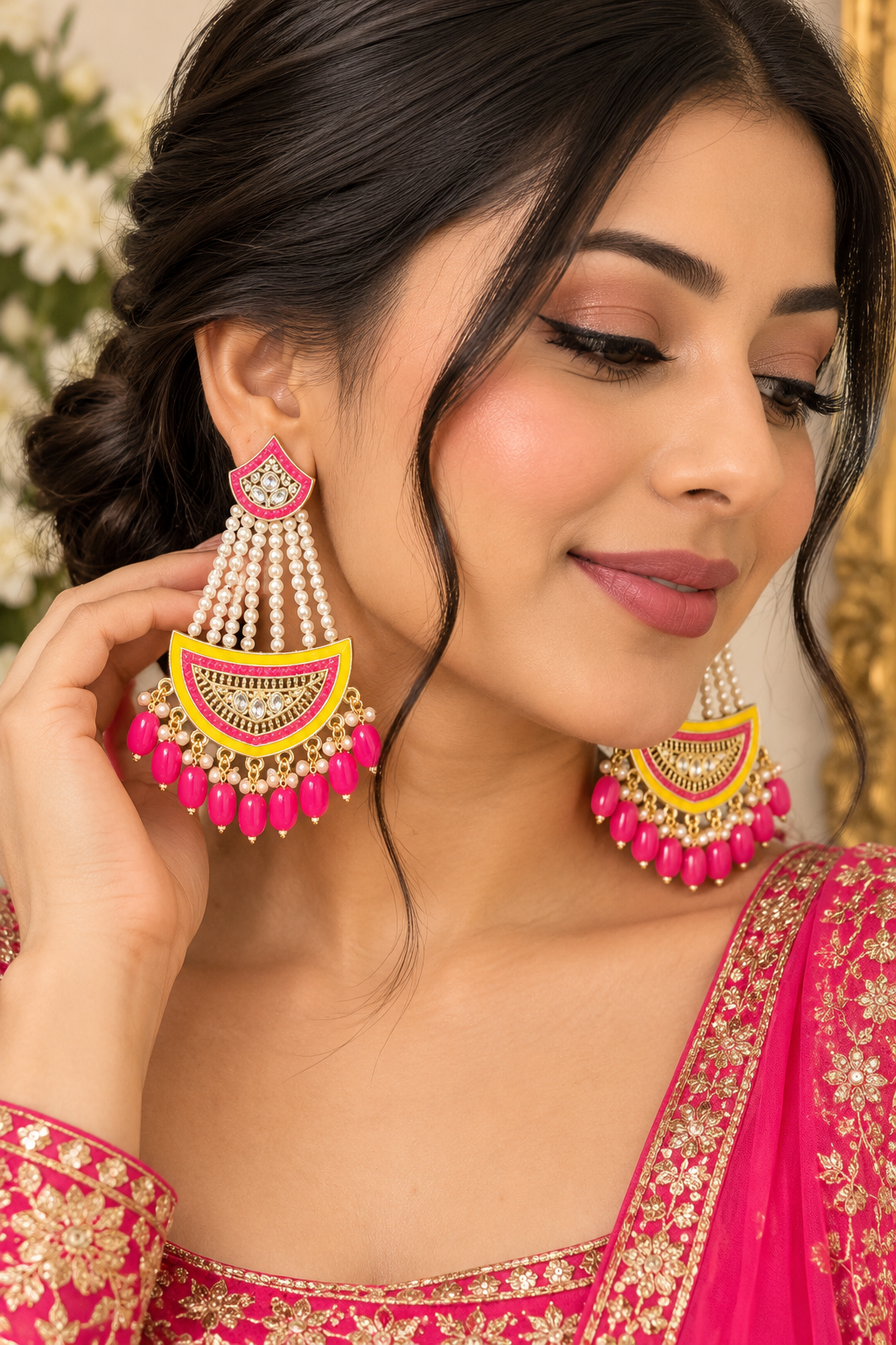 Hot Pink & Yellow Pearl Chandelier Earrings – Gold-Tone Indian Statement Jhumkas