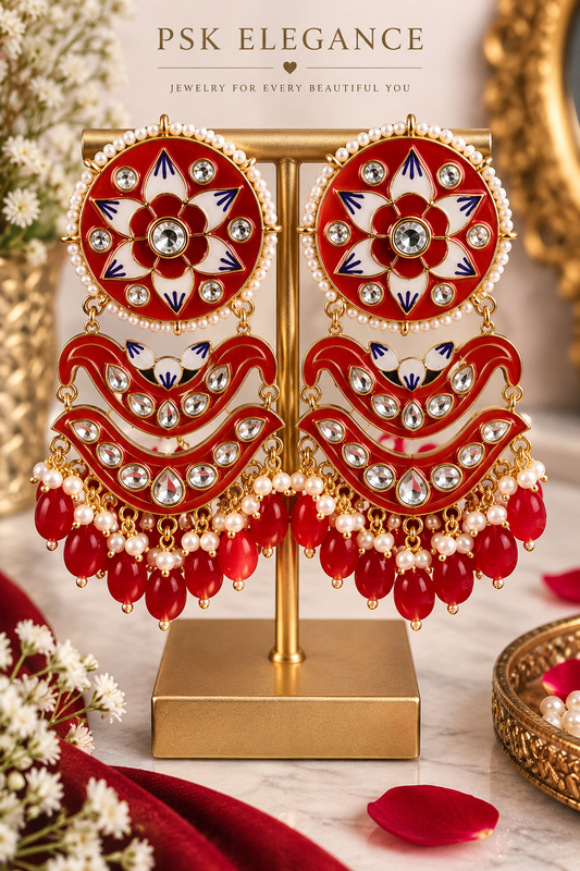 Red Enamel Floral Statement Jhumka Earrings