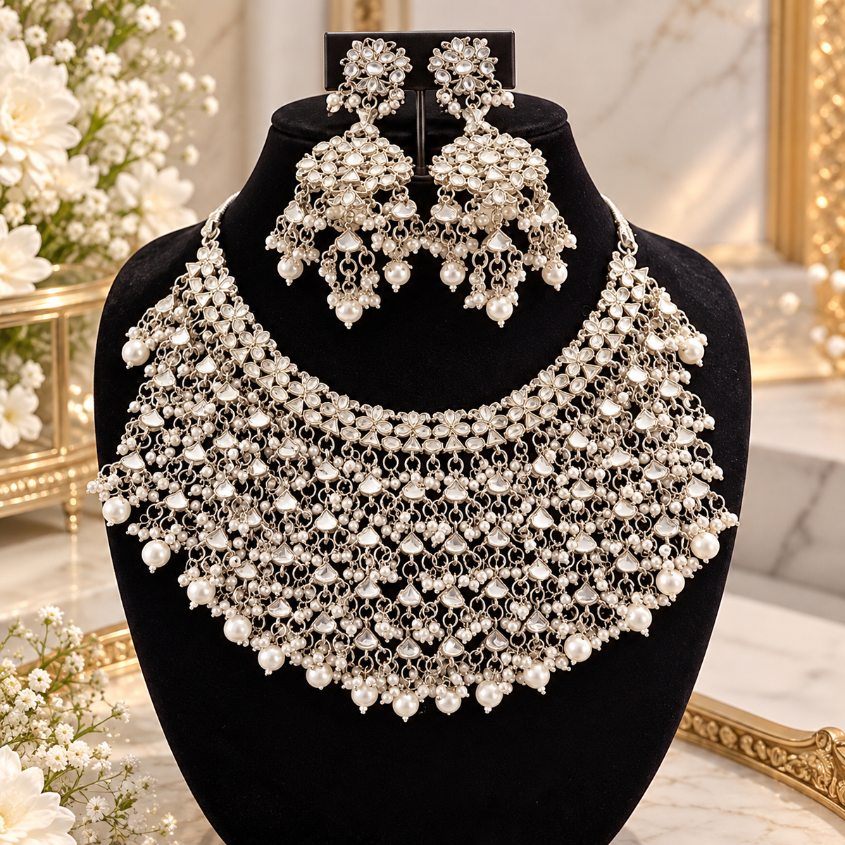 Silver Pearl Statement Choker Necklace Set | Indian Bridal Jewelry