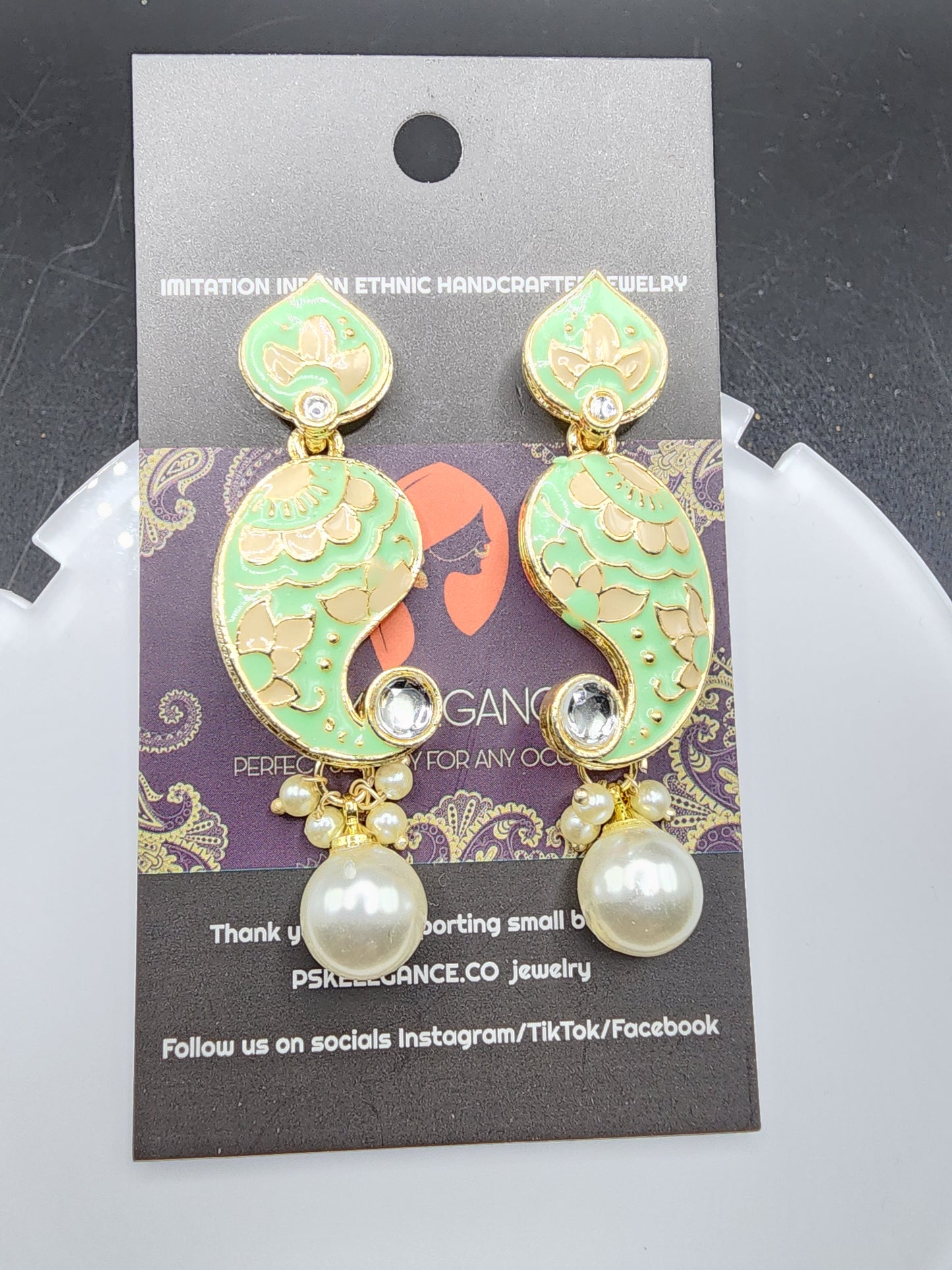 PSK ELEGANCE Grey & Gold Paisley Drop Earrings with Pearl Charm