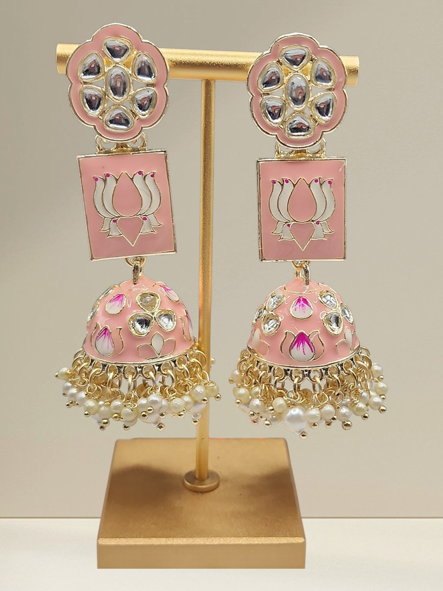 Peach Pink Meenakari Lotus Kundan Jhumka Earrings | Pearl Drop Indian Statement Earrings