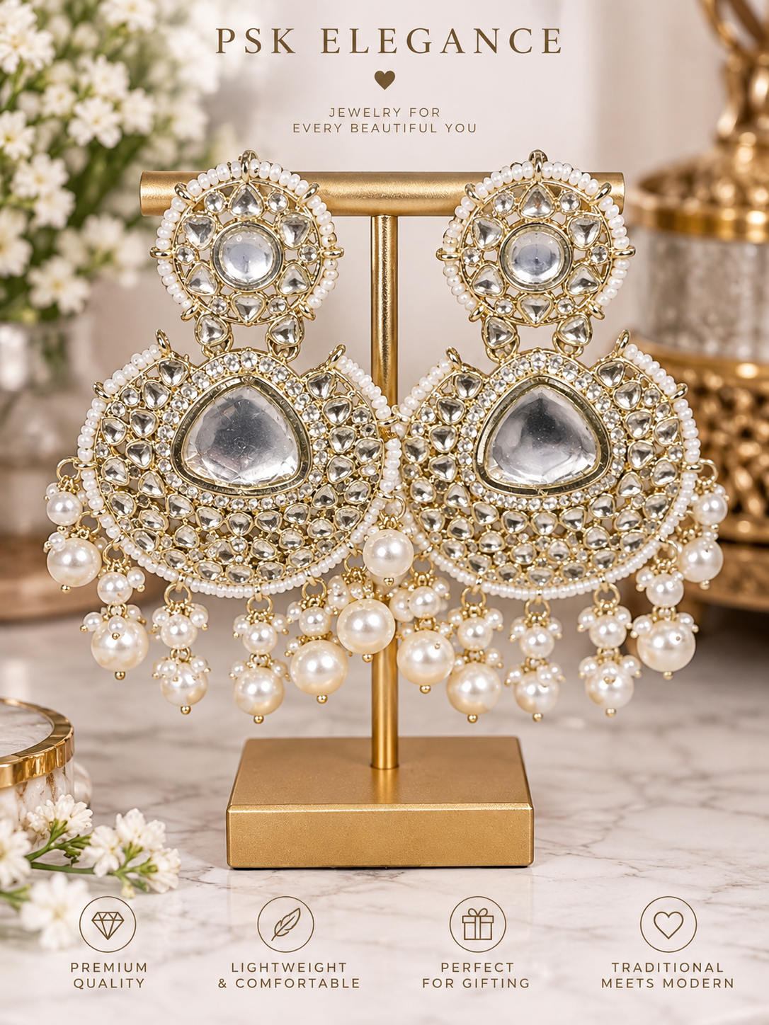 White gold tone Kundan-Style Pearl Statement Earrings