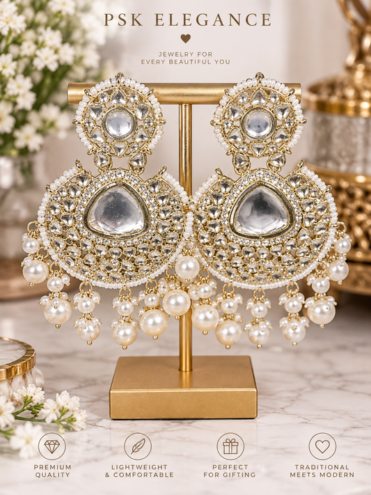White gold tone Kundan-Style Pearl Statement Earrings