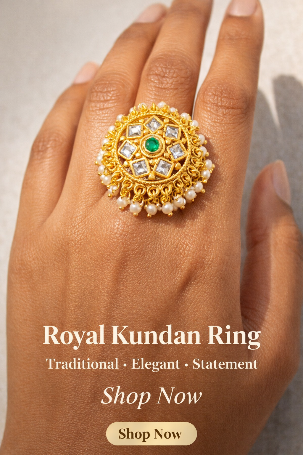 Royal Kundan Pearl Statement Ring | Gold Traditional Floral Ring