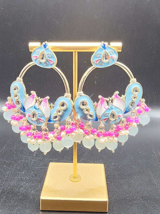 Pastel Sky Blue Meenakari Statement Hoop Earrings with Pink & Pearl Drops – Soft Luxe