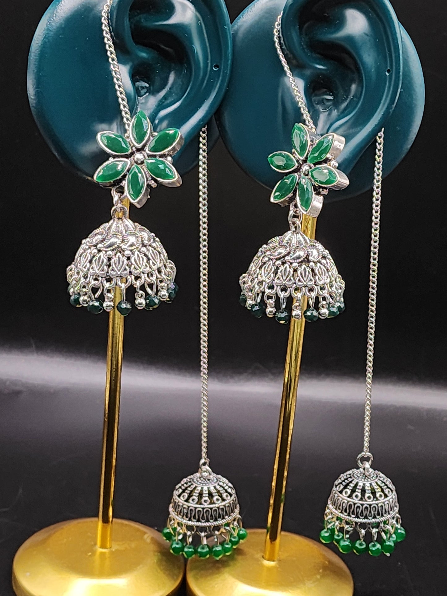 PSK ELEGANCE Emerald Floral Jhumka Chain Earrings | Silver Oxidized Double Drop Statement Jewelry