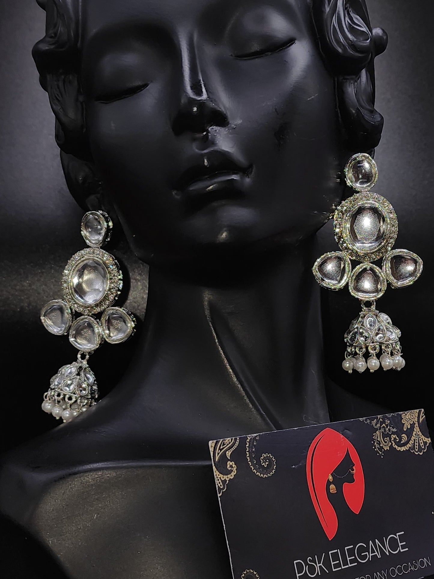 Silver Crystal Jhumka Statement Drop Earrings