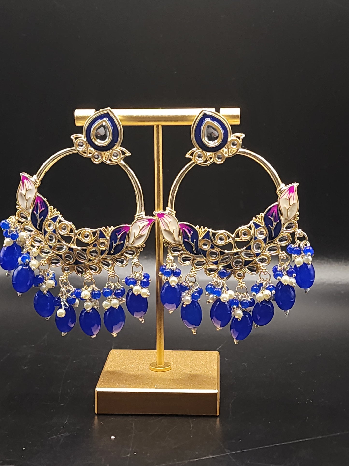 Royal Blue Meenakari Statement Hoop Earrings with Beaded Drops – Luxe Festive