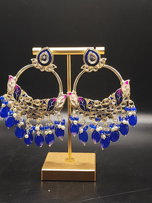 Royal Blue Meenakari Statement Hoop Earrings with Beaded Drops – Luxe Festive