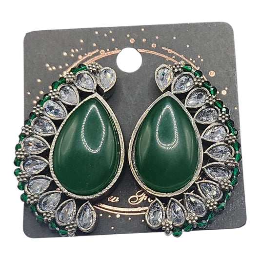 PSK ELEGANCE Emerald Green Teardrop Statement Earrings | Crystal Halo Indo-Western Luxury Jewelry