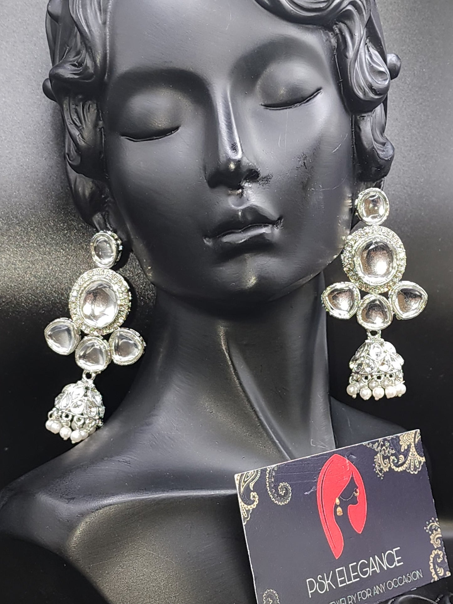 Silver Crystal Jhumka Statement Drop Earrings