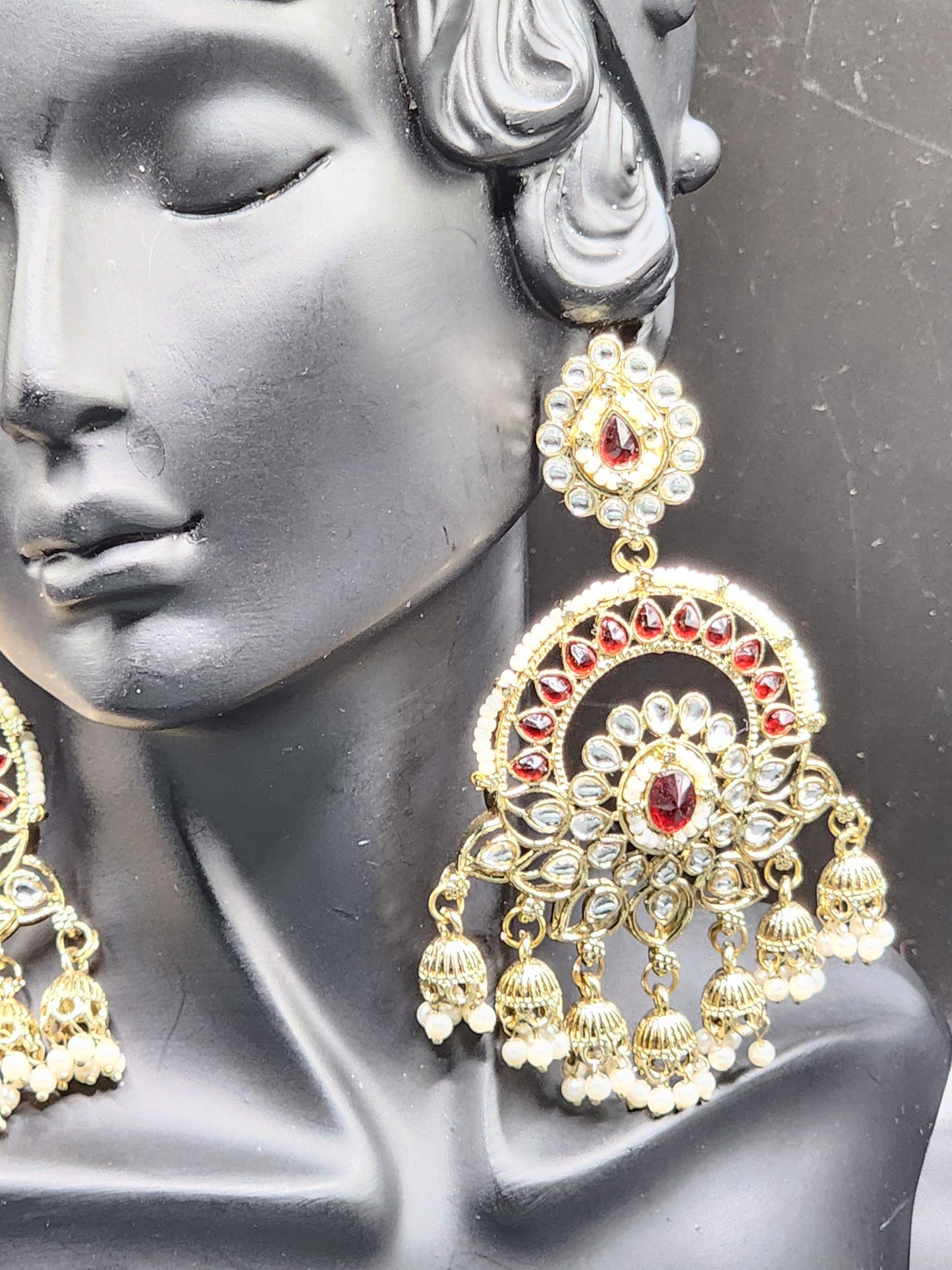 Royal Red Kundan Chandbali Earrings with Pearl Jhumka Drops