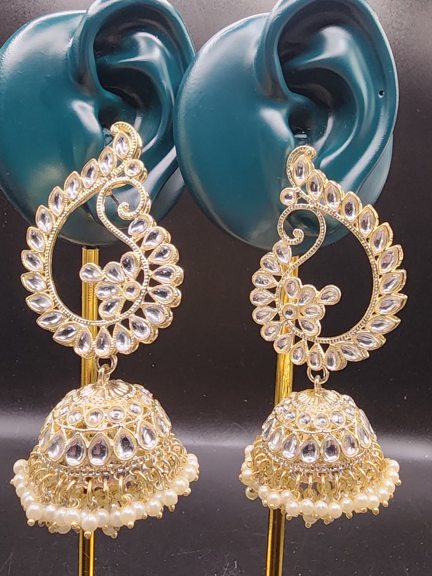 Gold Kundan Paisley Jhumka Earrings | Pearl Drop Indian Statement Earrings