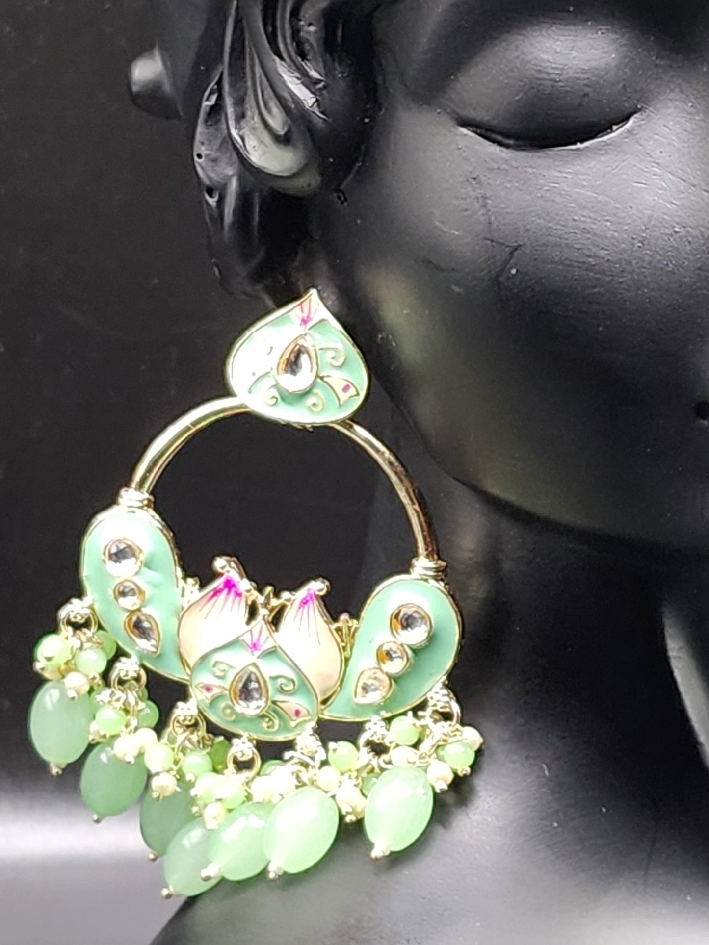 Mint Green Enamel Chandbali Earrings with Pearl Drops