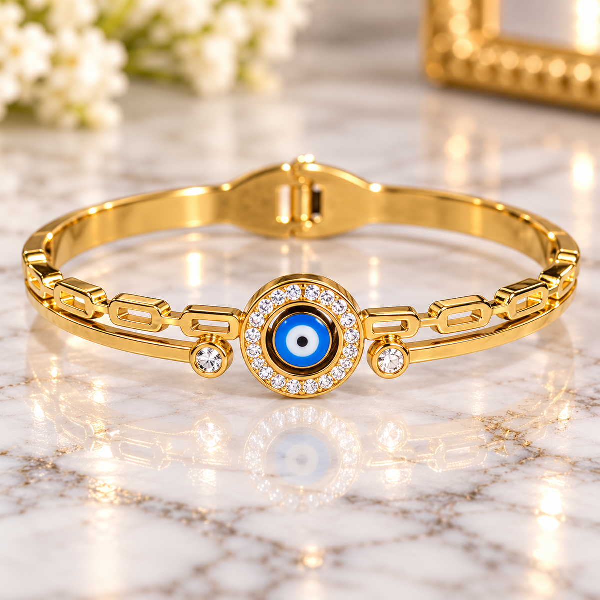 Gold-Tone Blue Evil Eye Crystal Cuff Bracelet