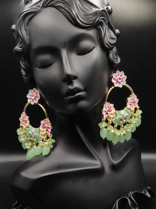 Mint & Pink Floral Chandbali Earrings with Pearl Drops