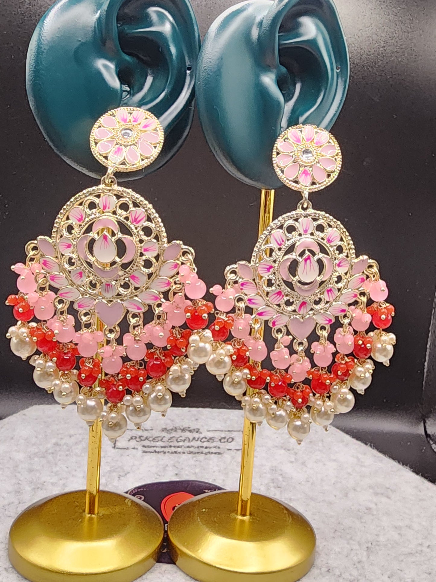 Pink Red Floral Chandbali Earrings | Pearl Bead Indian Statement Earrings