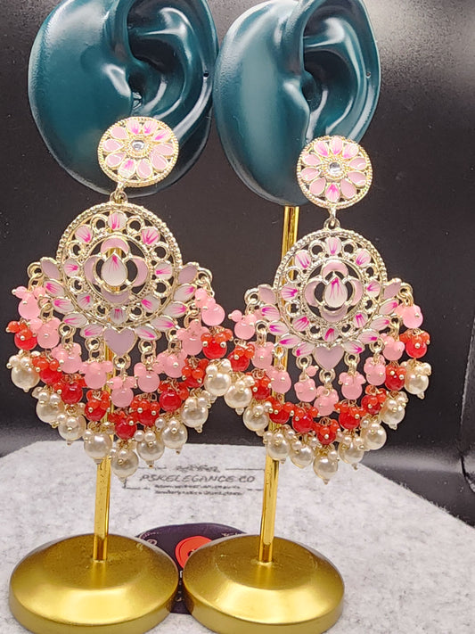 Pink Red Floral Chandbali Earrings | Pearl Bead Indian Statement Earrings