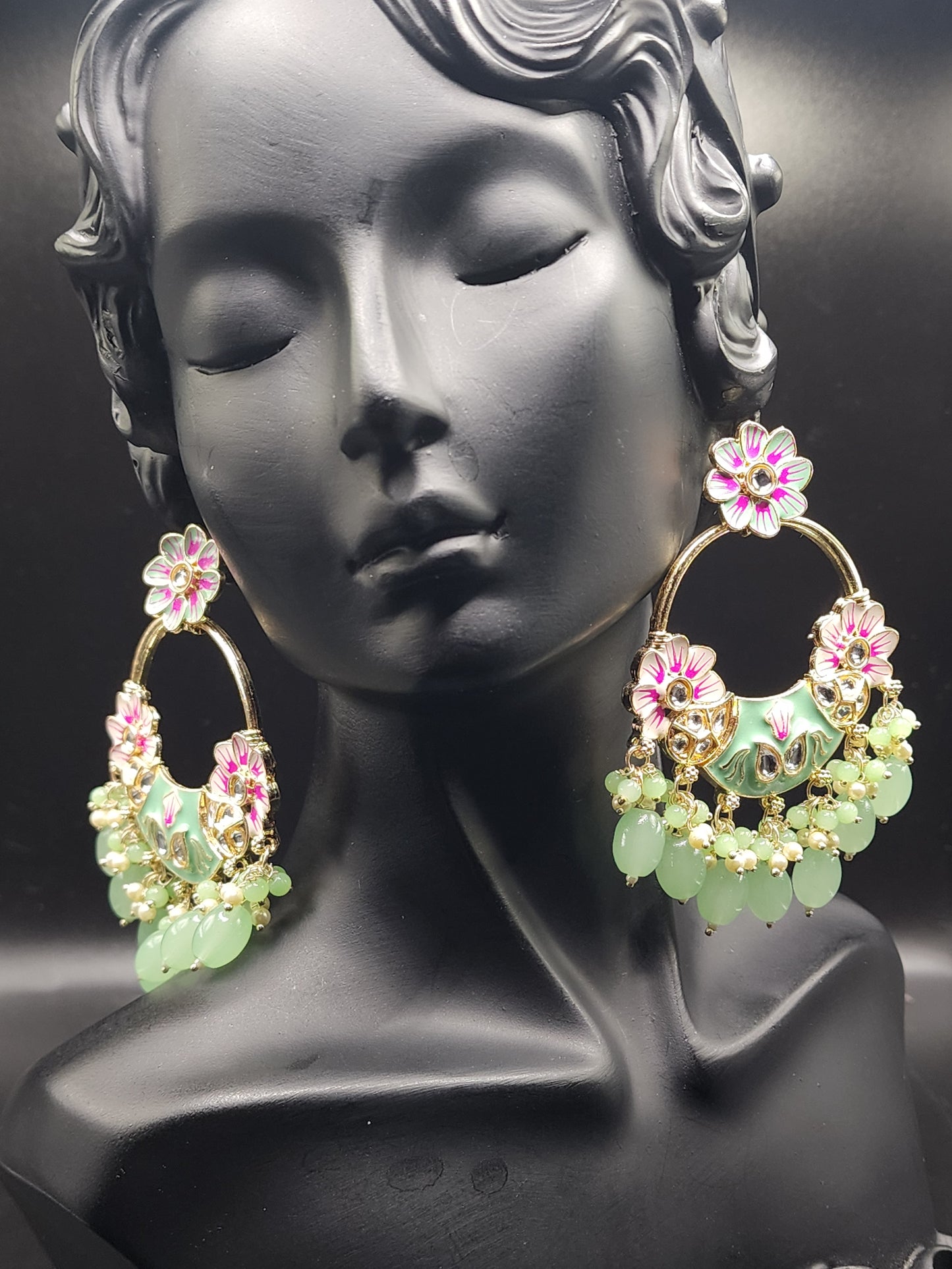 Mint & Pink Floral Chandbali Earrings with Pearl Drops
