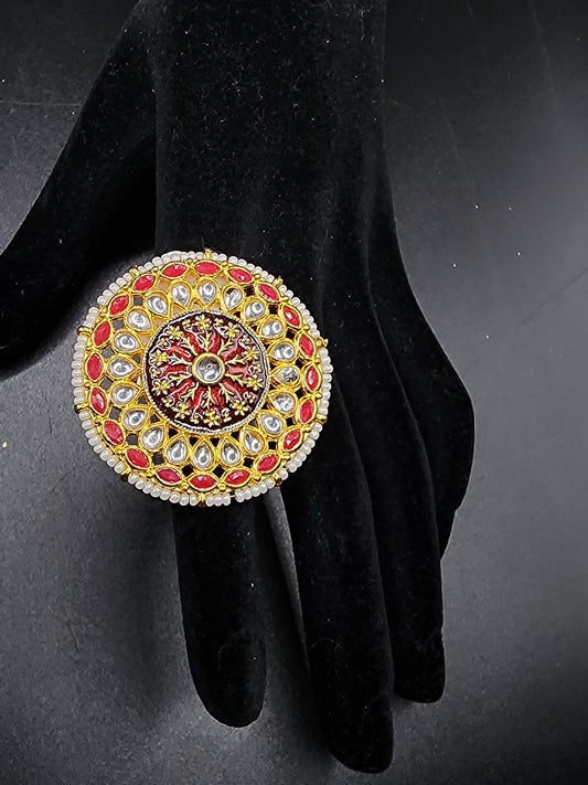 PSK ELEGANCE Red Kundan Statement Ring | Pearl Border Antique Gold Adjustable Bridal Cocktail Ring for Women