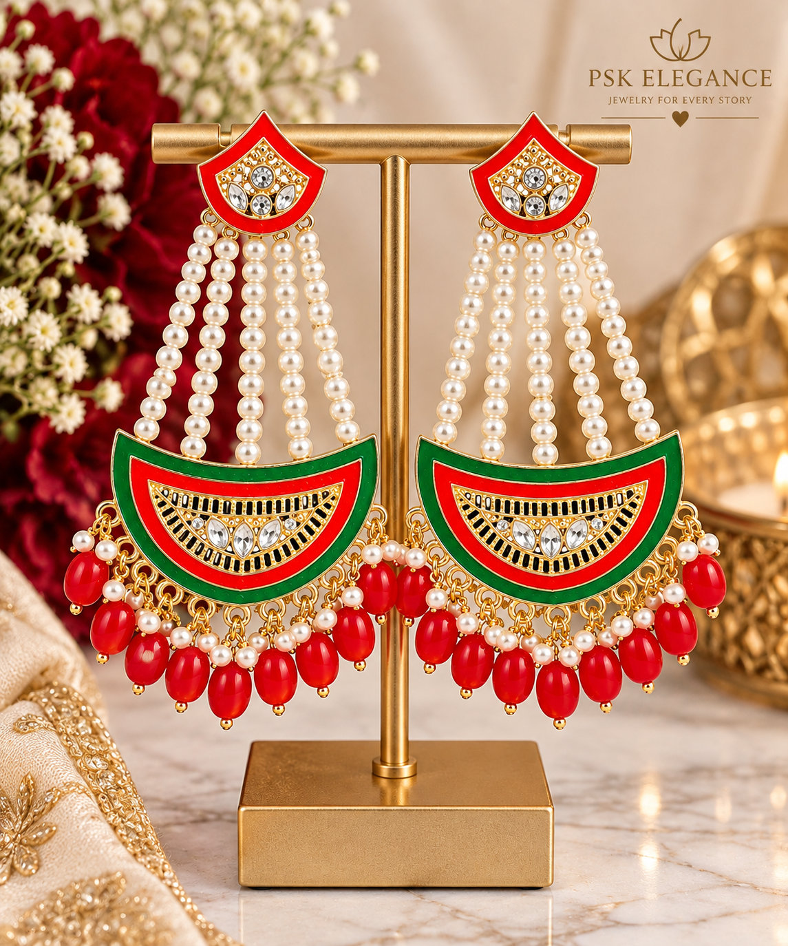 Red & Green Pearl Chandelier Earrings – Traditional Indian Statement Jhumkas