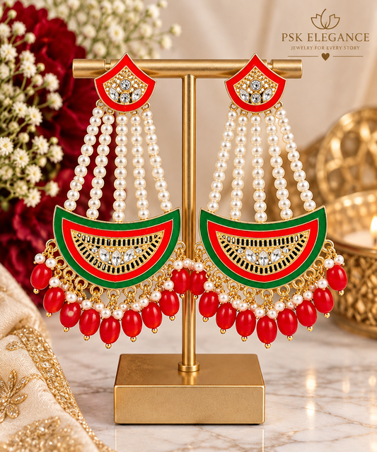 Red & Green Pearl Chandelier Earrings – Traditional Indian Statement Jhumkas