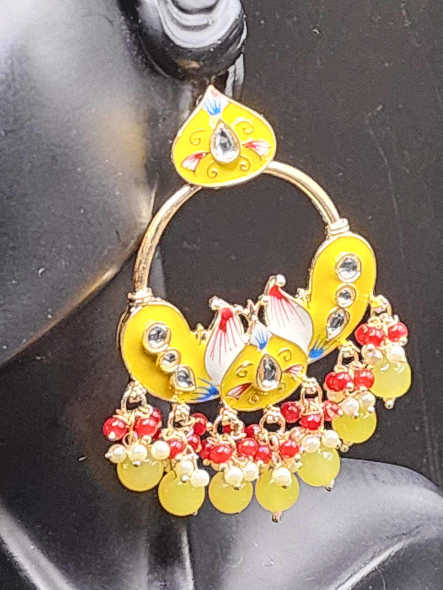 Yellow Meenakari Statement Earrings with Beaded Drops – Festive Luxe