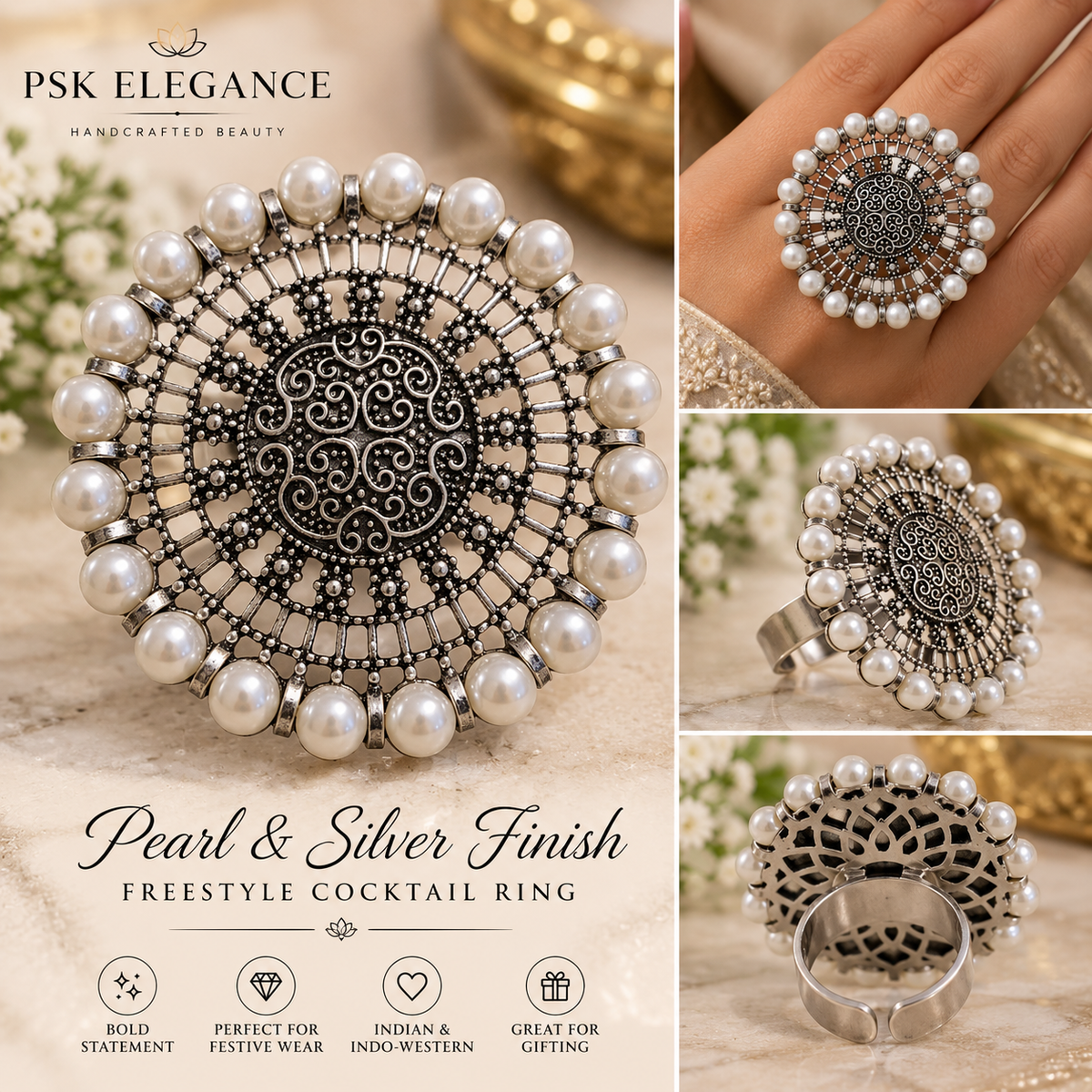 Pearl & Silver Finish Freestyle Cocktail Ring