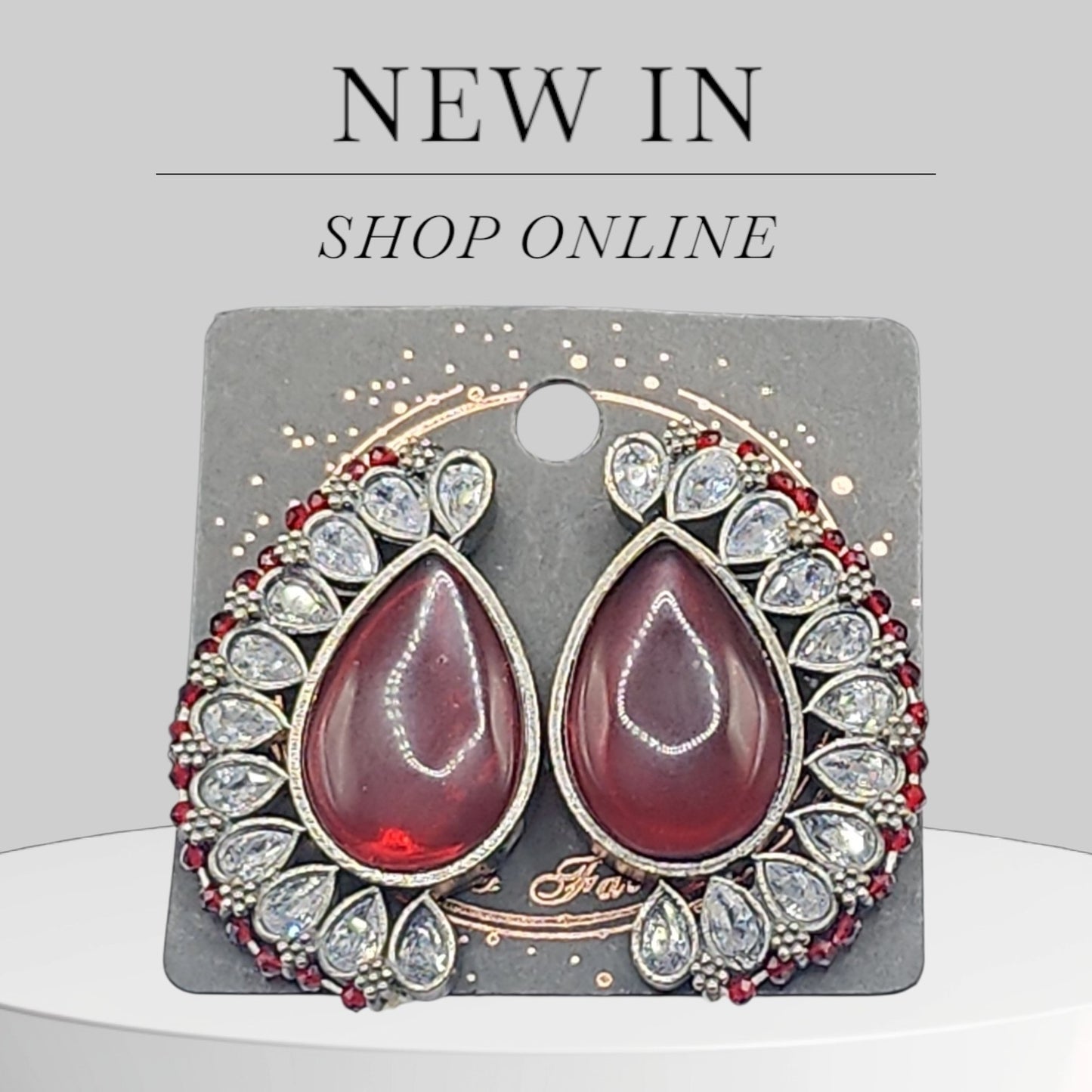 PSK ELEGANCE Deep Red Teardrop Statement Earrings | Crystal Halo Luxury Indo-Western Jewelry