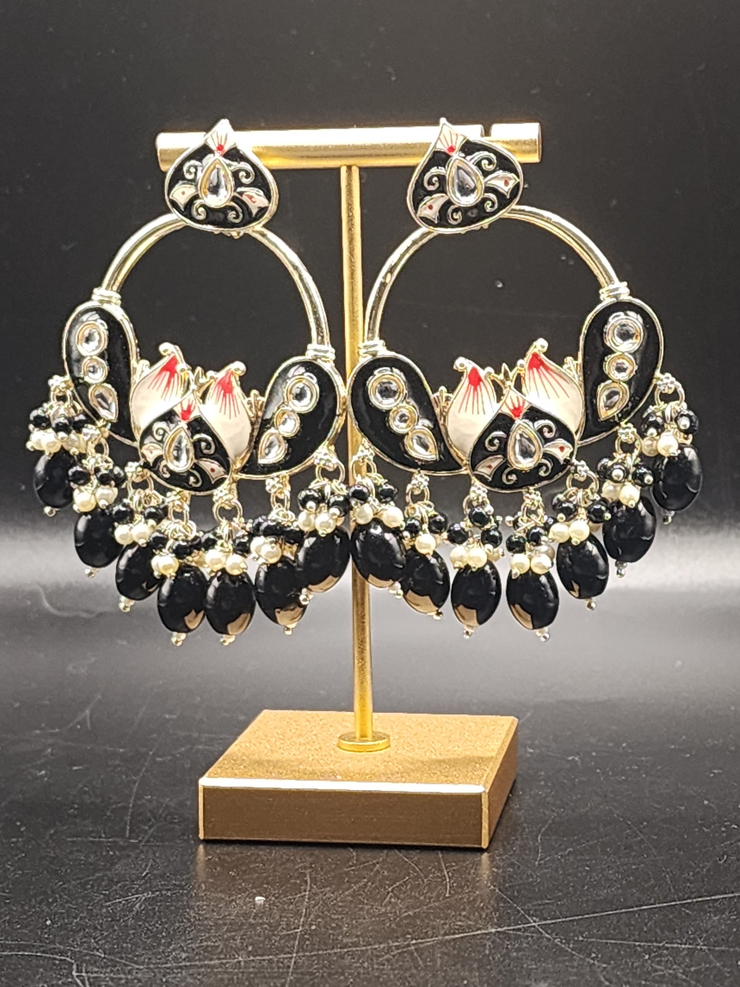 Black Meenakari Statement Hoop Earrings with Pearl & Beaded Drops – Elegant Luxe