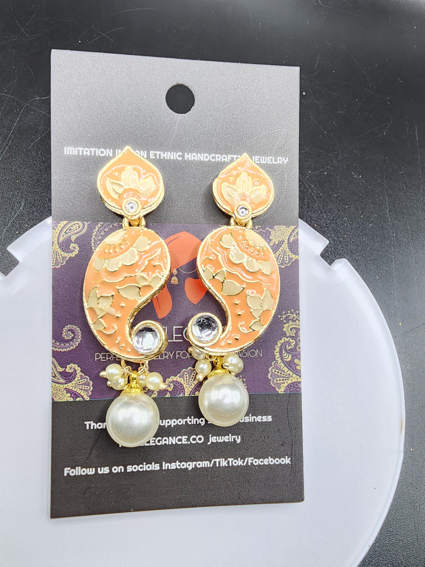 PSK ELEGANCE Grey & Gold Paisley Drop Earrings with Pearl Charm