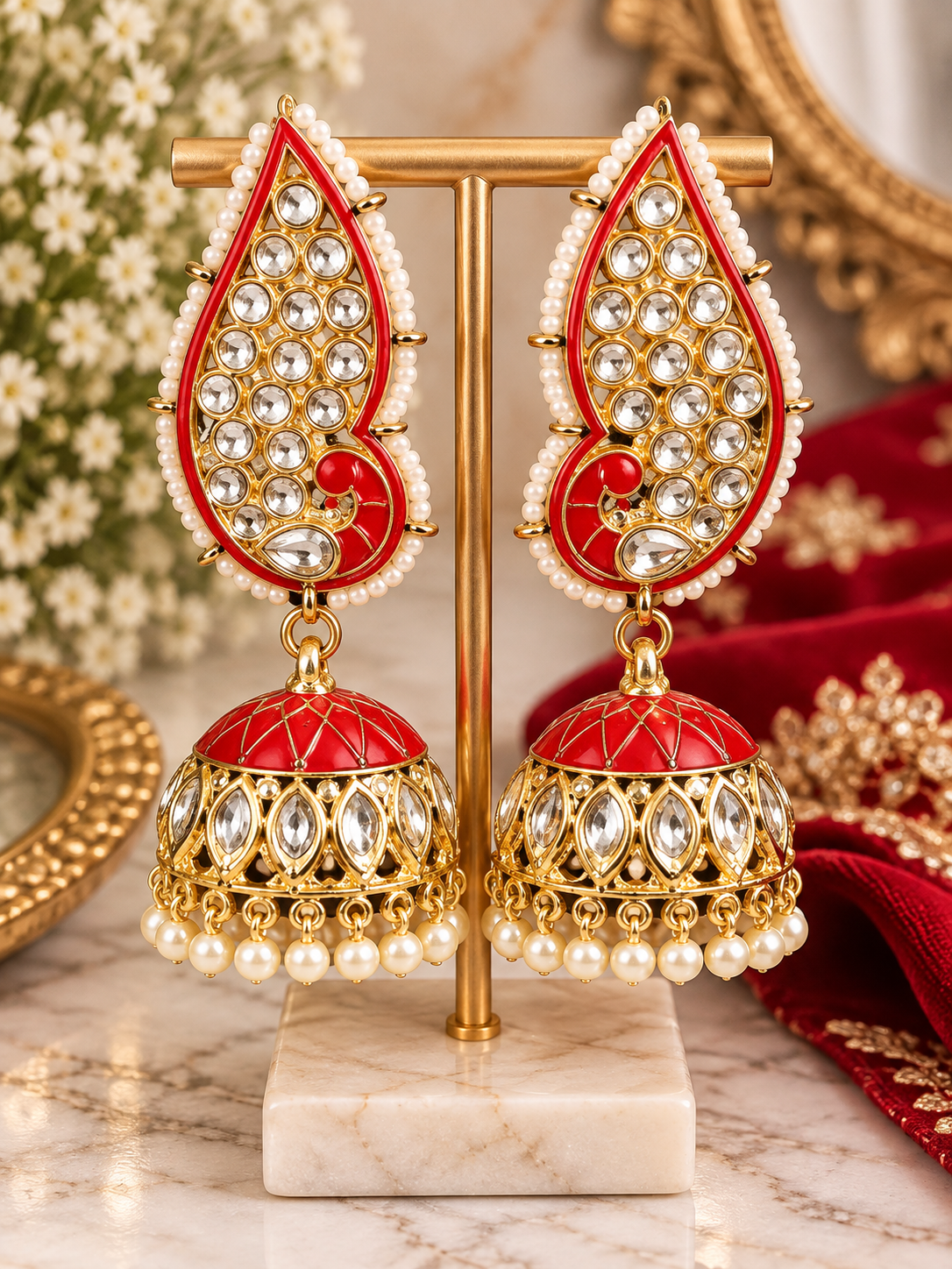 PSK ELEGANCE – Red & Gold Kundan Jhumka Statement Earrings