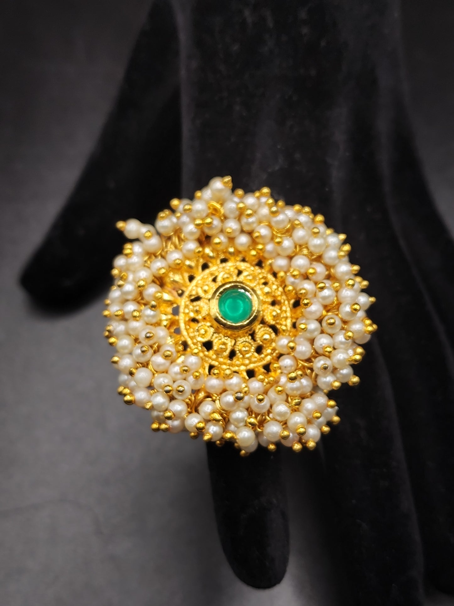PSK ELEGANCE Pearl & Green Stone Statement Ring | Gold Traditional Adjustable Cocktail Ring for Women
