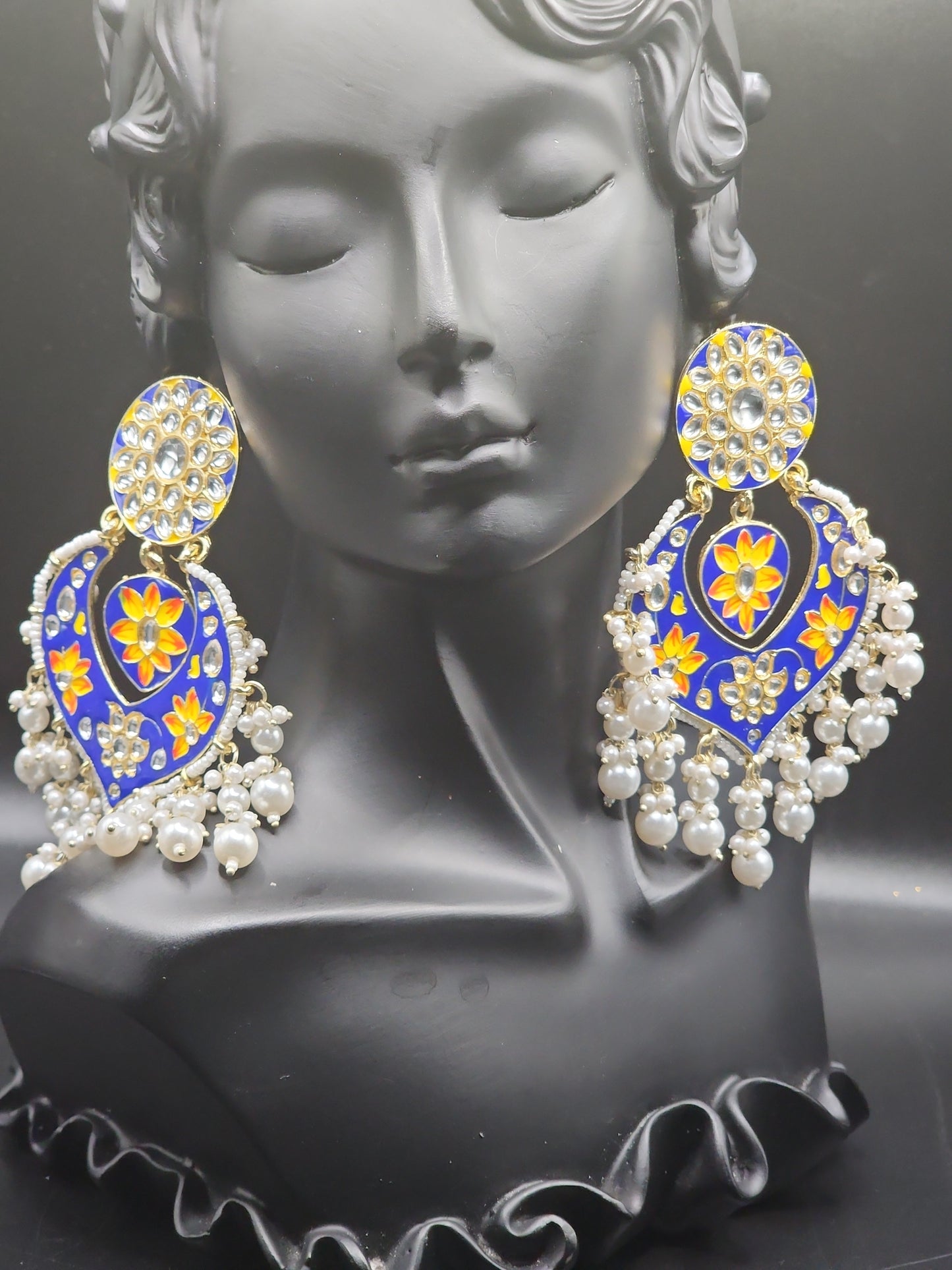 PSK ELEGANCE Blue Meenakari Heart Chandbali Earrings | Floral Kundan Pearl Drop Statement Jewelry