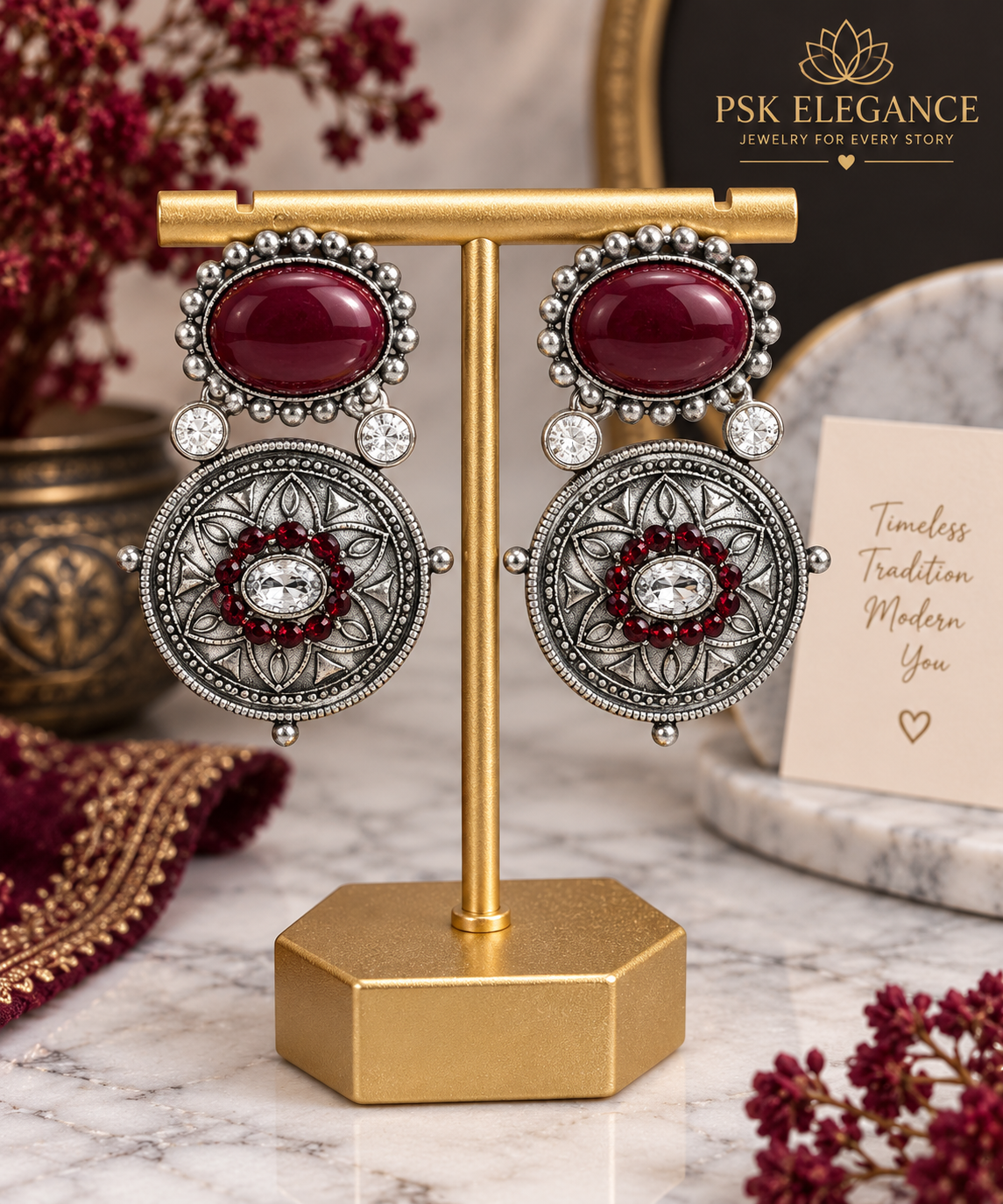 Oxidized Silver & Maroon Statement Earrings