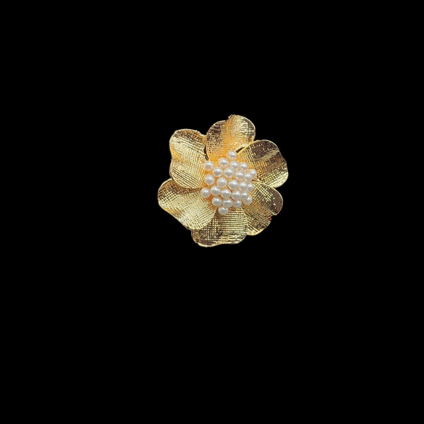 PSK ELEGANCE Gold Floral Pearl Statement Ring | Textured Flower Adjustable Cocktail Ring for Women