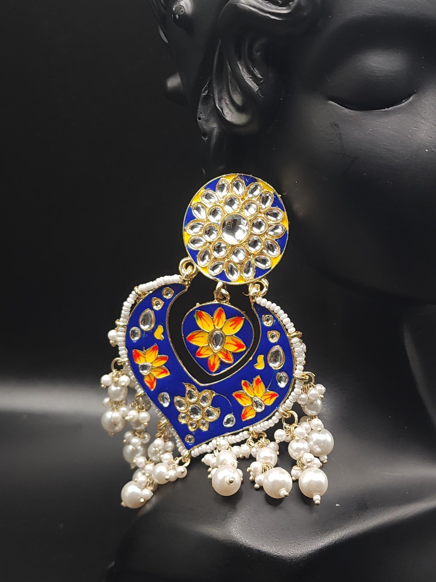 PSK ELEGANCE Blue Meenakari Heart Chandbali Earrings | Floral Kundan Pearl Drop Statement Jewelry