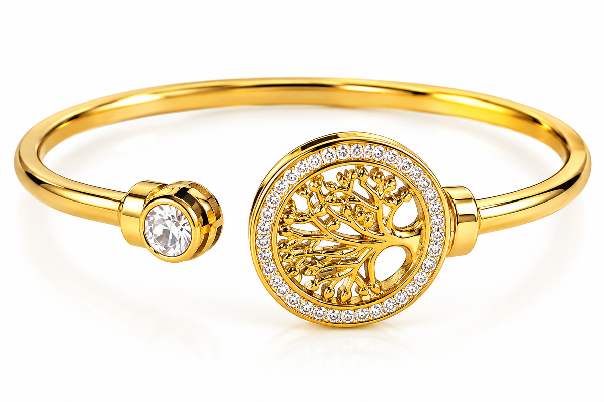 Gold-Tone Tree of Life Crystal Cuff Bracelet