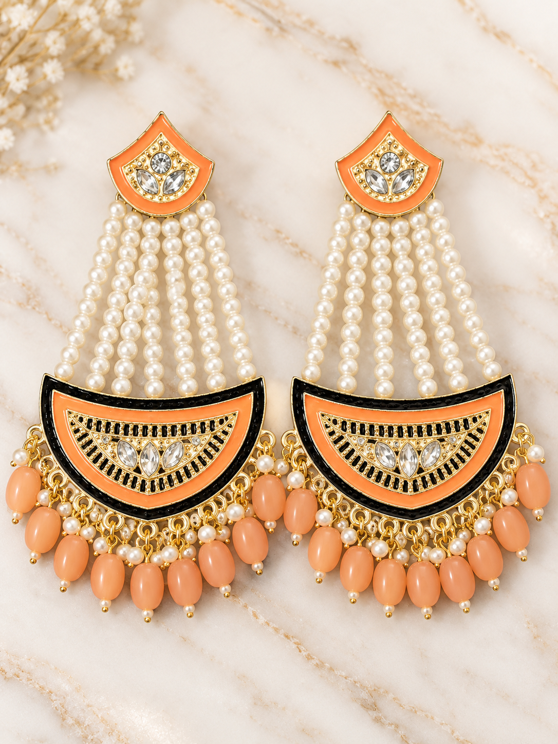 Peach & Black Pearl Chandelier Earrings – Gold-Tone Indian Statement Jhumkas