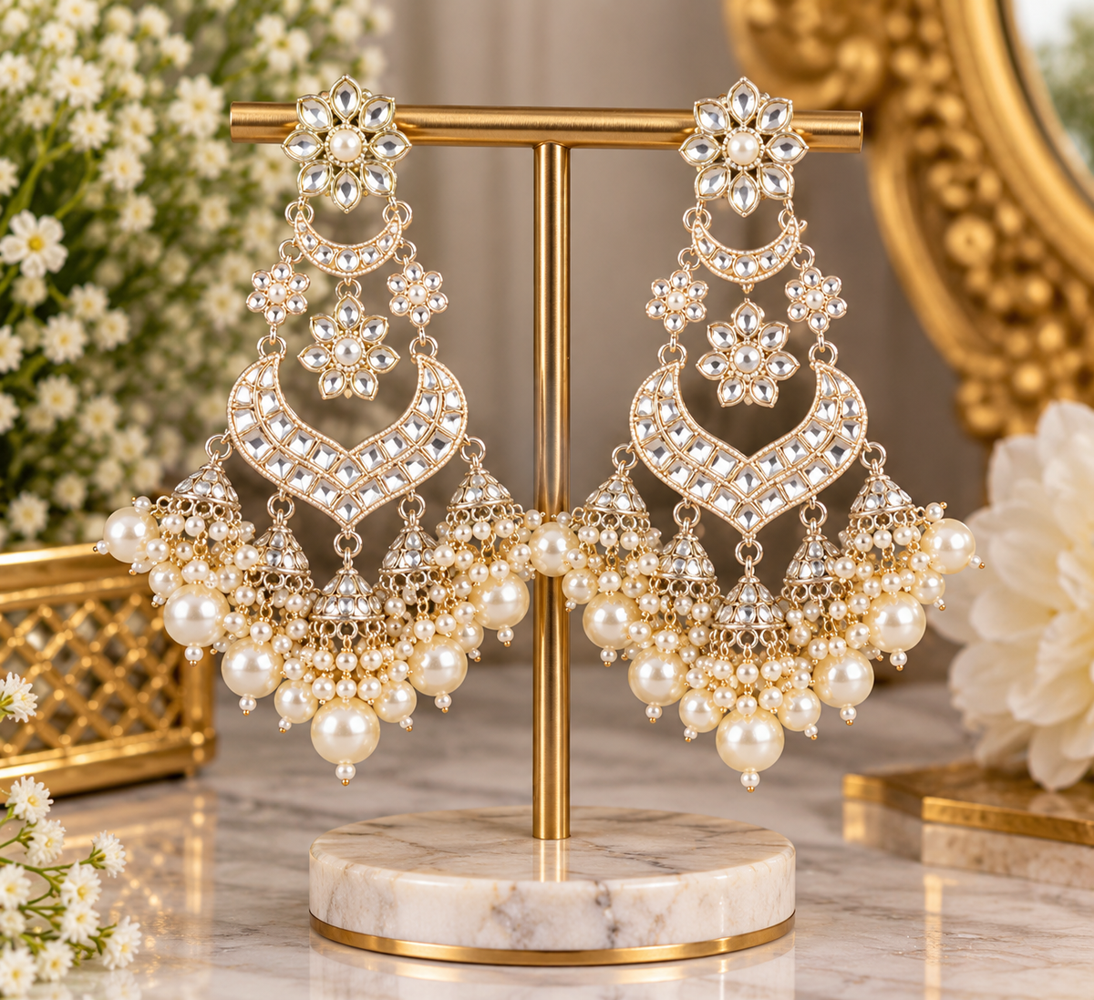 Gold Kundan Floral Chandbali Jhumka Earrings with Pearl Drops