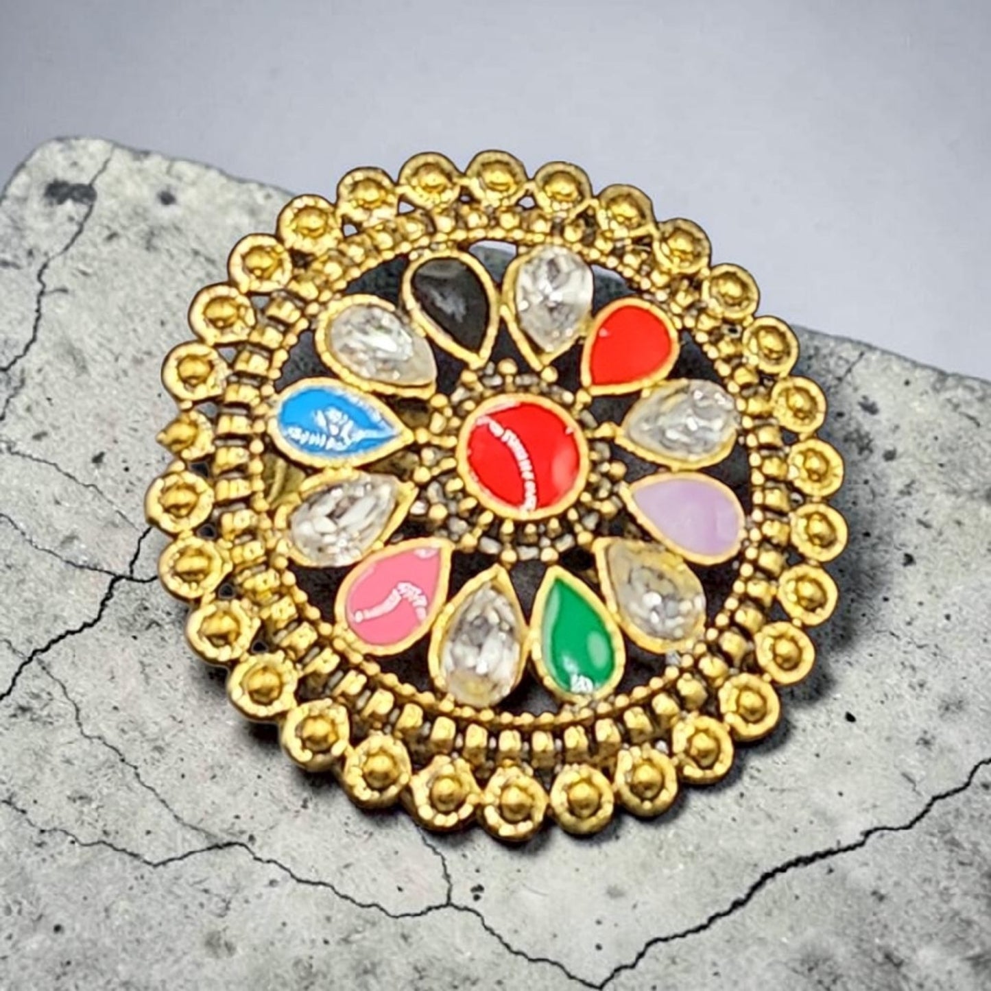 Multicolor Kundan Statement Ring | Gold Festival Floral Ring