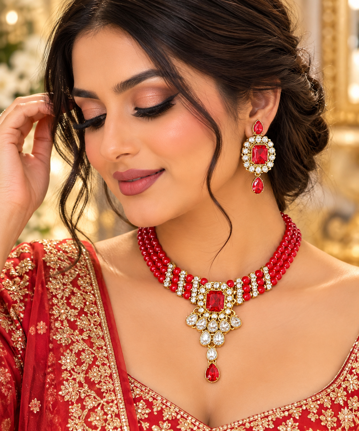 Red Beaded Gold Statement Necklace Set with Matching Earrings