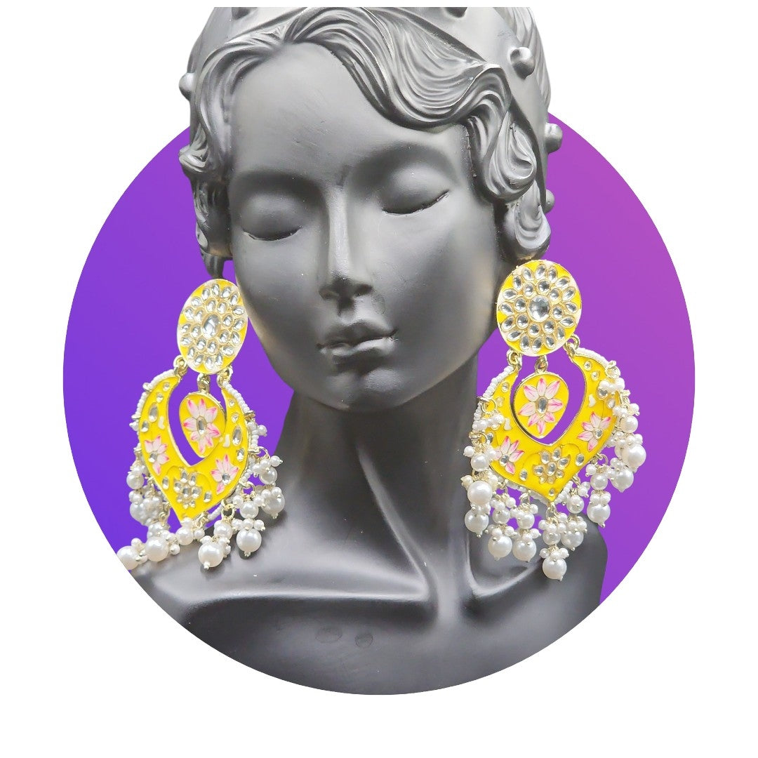 PSK ELEGANCE Yellow Meenakari Heart Chandbali Earrings | Floral Kundan Pearl Drop Statement Jewelry