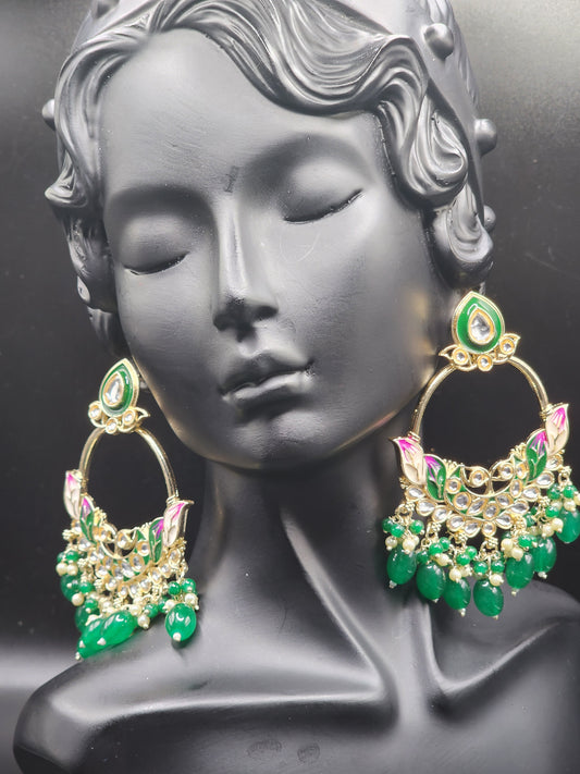 Green Meenakari Chandbali Earrings