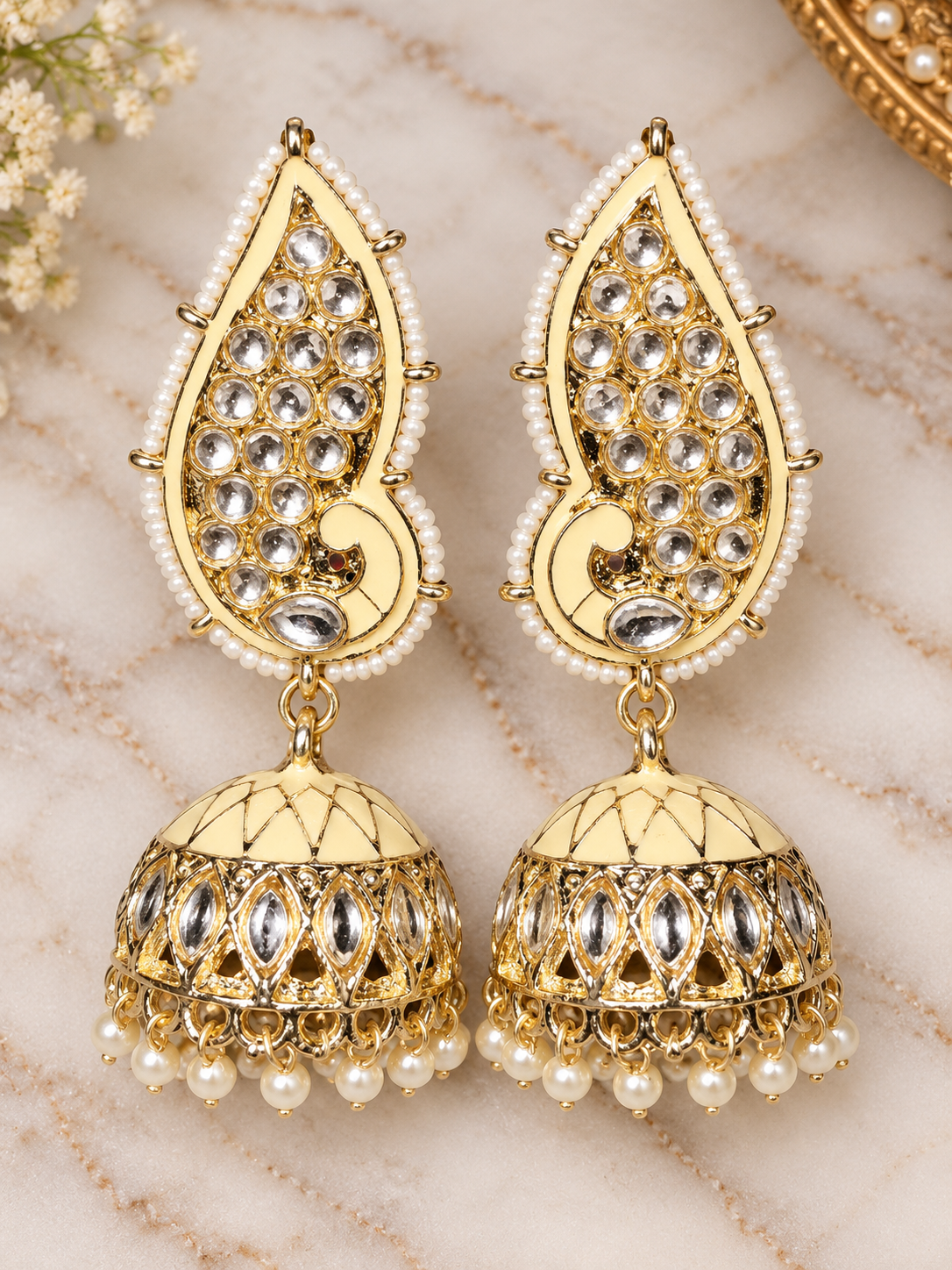 Cream & Gold Kundan Jhumka Earrings with Pearl Drops | PSK ELEGANCE