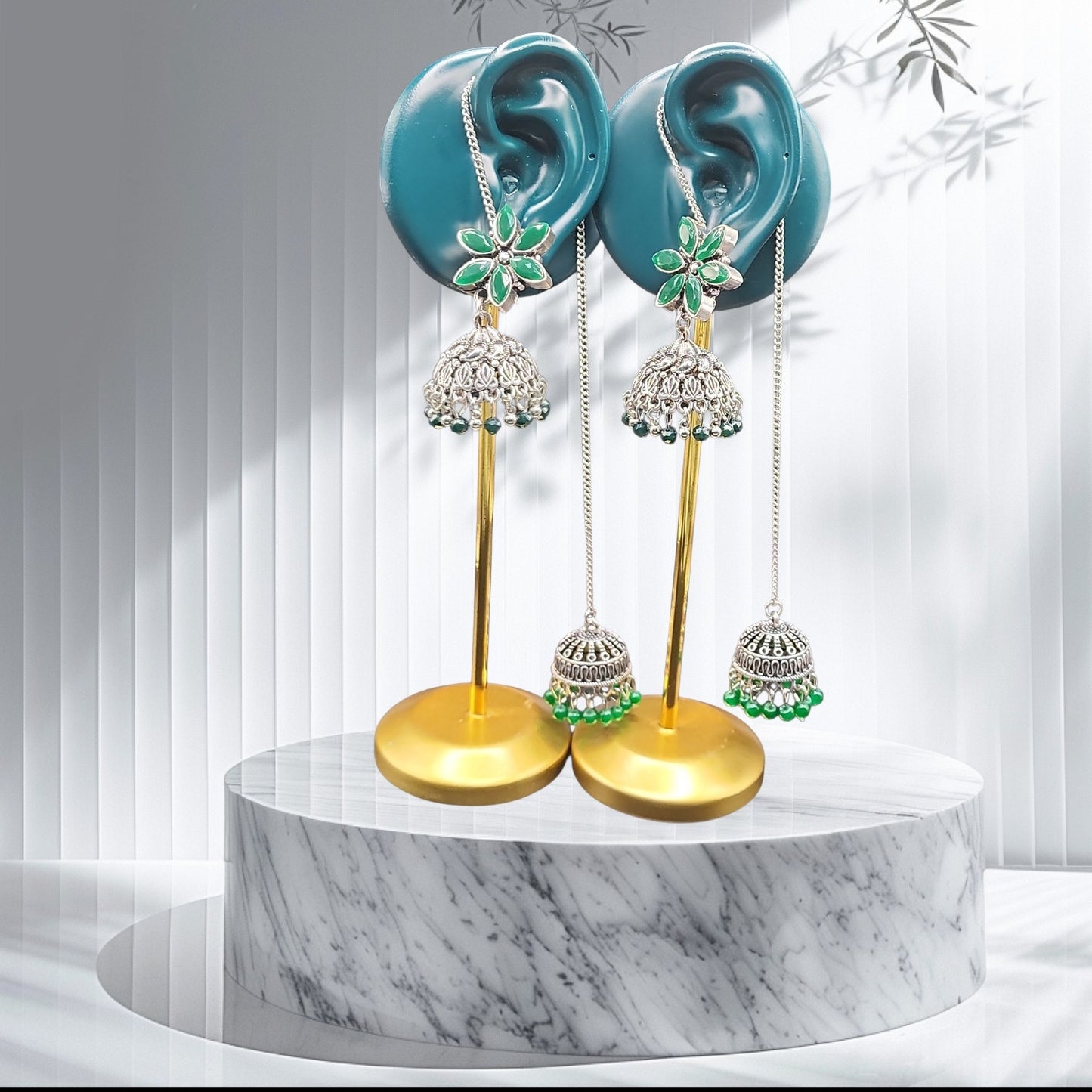 PSK ELEGANCE Emerald Floral Jhumka Chain Earrings | Silver Oxidized Double Drop Statement Jewelry